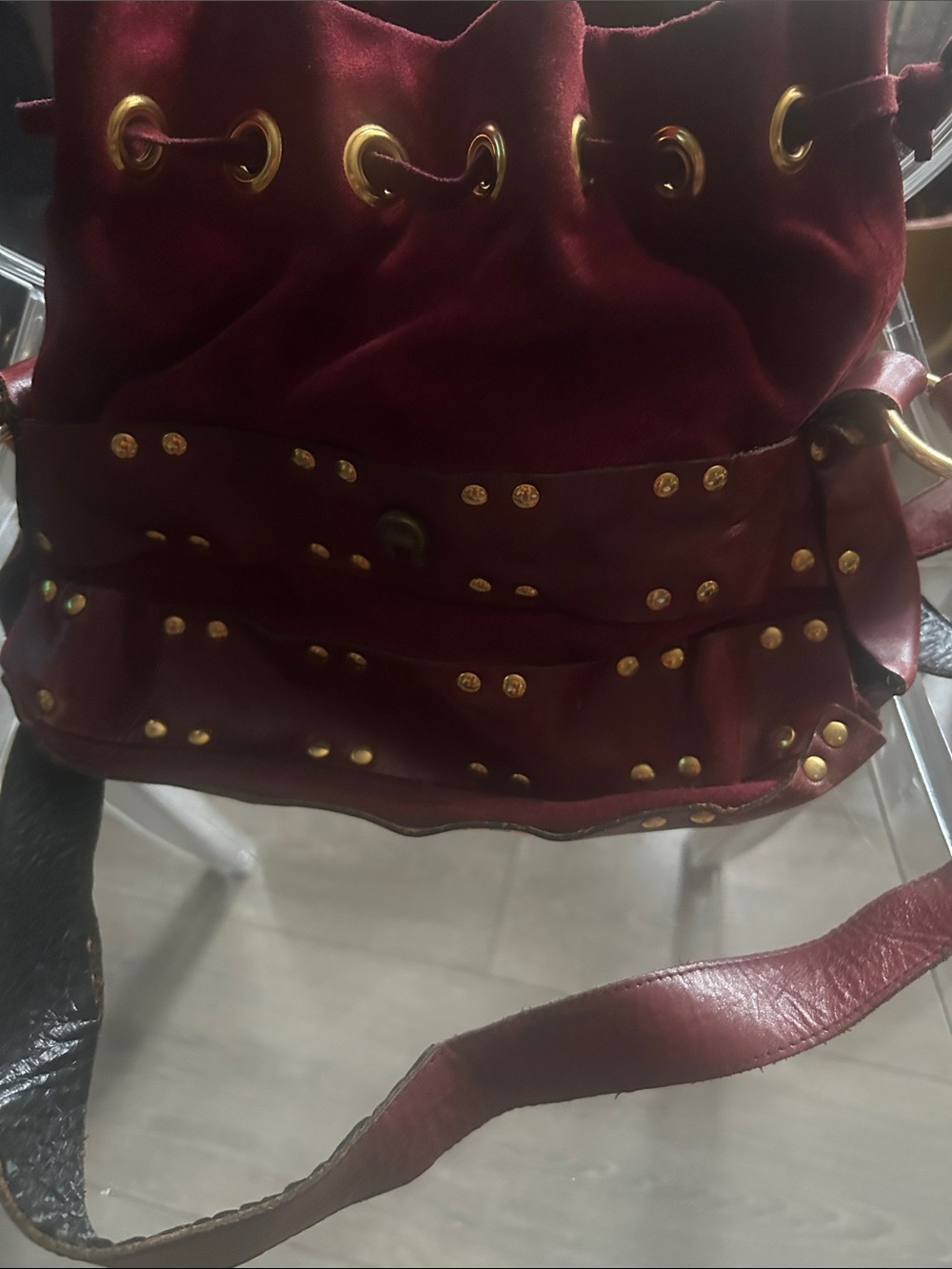 Etienne Aigner Burgundy suede and Leather Drawstring Hobo with Gold Studs